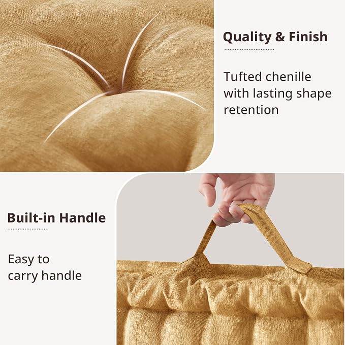 Intelligent Design Azza Floor Pillow, Large Cushions Sitting for Adults, Floor Pillow for Meditation or Yoga, Lustrous Chenille Tufted with Scalloped Edges for Bench/Chair Cushion, 24"x24"x5" Yellow