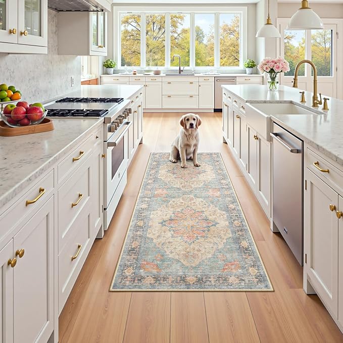 RELEANY Area Rugs Runner 2'x8' Washable Non-Slip, Floral Vintage Distress Medallion Carpet for Kitchen Hallway Bedroom Beside Laundry Room Bathroom, Blue Orange Red