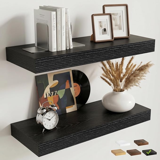 20 Inch Floating Shelves for Wall, 8"D Wood Storage Shelves, Black Finish | Engineered Wood, Invisible Bracket, Large Storage, Easy Install, Hold Up to 33lbs, Living Room, Bathroom, Bedroom, Kitchen