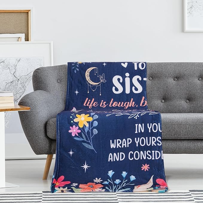 Sister Gifts Throw Blanket, Inspirational Quote Floral Design Soft Cozy Fuzzy Flannel Blanket, Sentimental Gift for Sister Birthday Christmas from Brother or Friend (50" x 60")