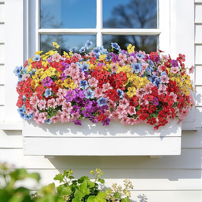Alupssuc 20 Bundles Artificial Flowers for Outdoor Indoor Decoration, UV Resistant No Fade Fake Plants Eucalyptus, Colorful Faux Spring Flowers for Outside Yard Porch Patio Garden Home Window Box