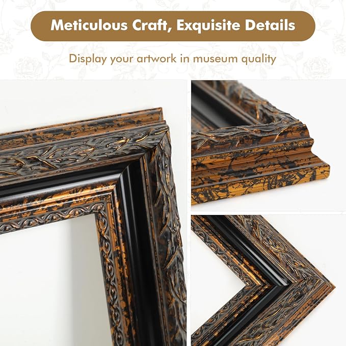 DIY Solid Wood Ornate Frame for 20x24 Rococo Paintings, 3.2” Wide Black Gold Traditional Frame for Pictures Art Lover Housewarming Birthday Wedding Grandparents Teacher Gift, No Cover & Back