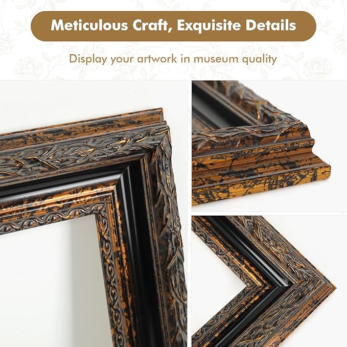 Classical DIY Wood Plein Air Frame for 18x24 Handmade Paintings, 3.2” Wide Antique Black Gold Embossed Art Frame for Artists Exhibition Gallery Show Memorial Portrait, No Glass Cover & Back
