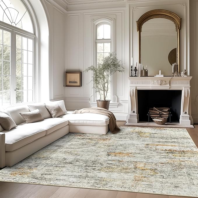 Soalmost 5x7 Area Rugs Gray Rust Low Pile Indoor Washable Trendy Faded Style Rugs for Bedroom Living Room Dining Room Foldable Non-Slip Thin Print Mat
