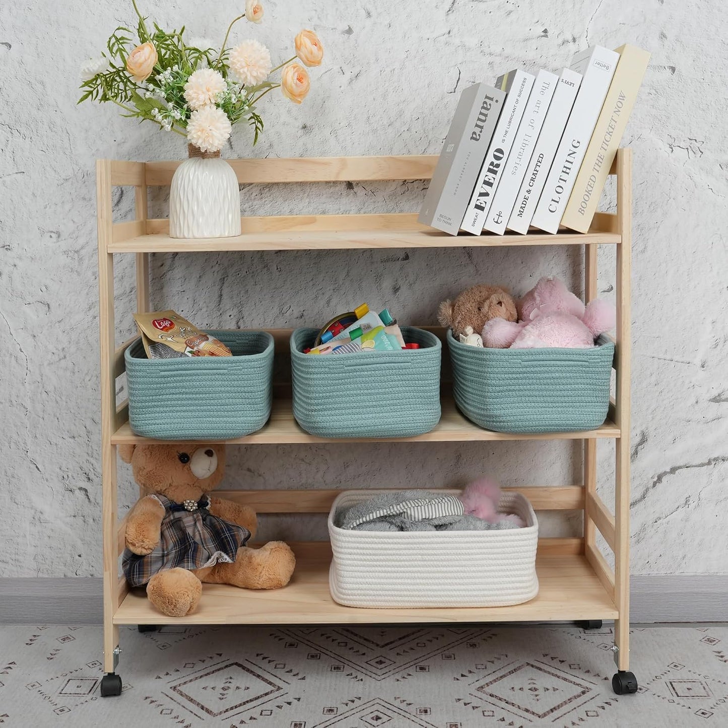 Small Woven Storage Baskets 13“X9”X5“ Decorative Rope Bins for Organizing Shelves, Closets, and Toys, Empty Gift Baskets, Cute Organizer Basket for Home and Office (green, Large)