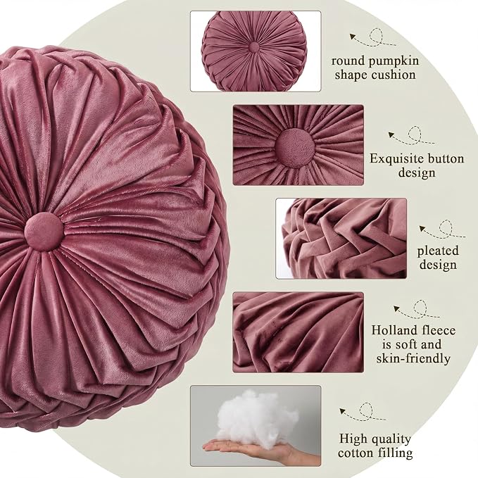 Drydiet 1 Pcs Round Throw Velvet Pillows Decorative Pleated Throw Pillows Diameter Accent Pumpkin Boho Chair Cushion for Couch Sofa Home Decoration (Mauve Rose,15'')