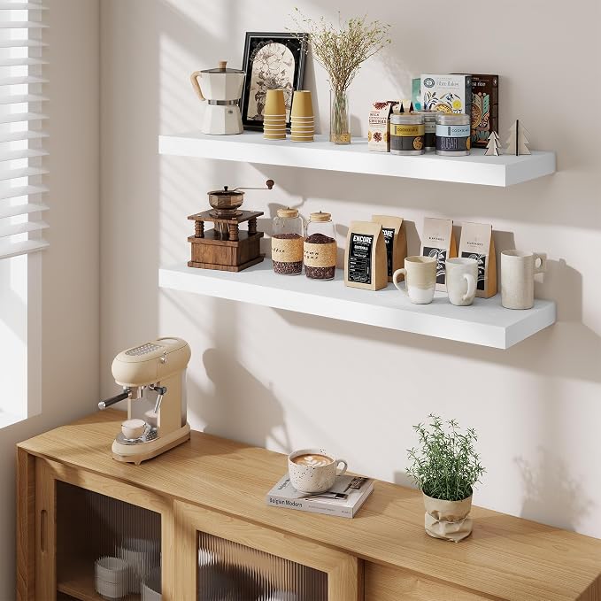 Fun Memories Floating Shelves Set of 2, 40 Inch Long Wooden Wall Shelves, 10 Inch Deep Wall Mounted Storage Shelf with Metal Brackets for Living Room, Bathroom, Bedroom and Kitchen, White