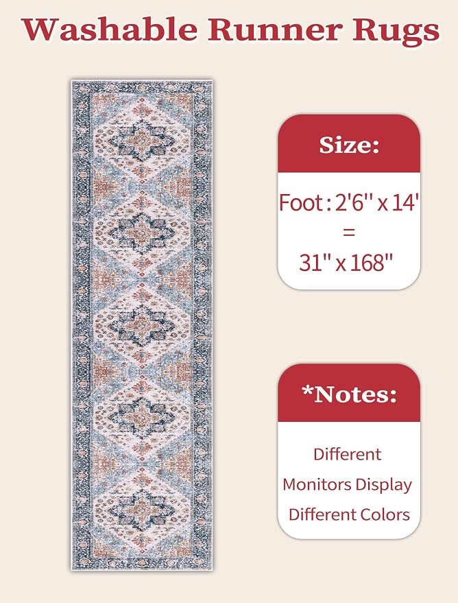 SERISSA Runner Rug for Hallways, 2'6"x14' Washable Non Slip Kitchen Runner Rug, Extra Long Boho Rug Ultra Soft Vintage Blue Orange Floor Carpet for Bedroom Hallway Entryway Bathroom Laundry Room