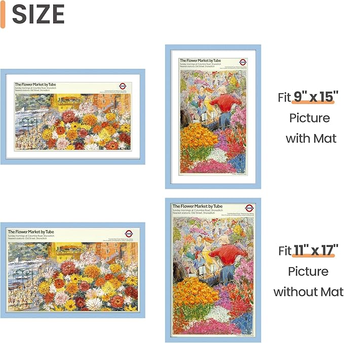 upsimples 11x17 Picture Frame, Display Pictures 9x15 with Mat or 11 x 17 Without, Wall Hanging Poster Frames, Blue, 1 Pack