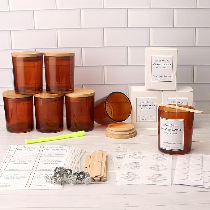 MILIVIXAY 12 pcs 10 OZ Amber Glass Candle Jars with Lids and Candle Making Kits - Bulk Empty Candle Jars for Making Candles - Spice, Powder Containers.