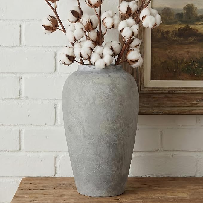 12 Inch Ceramic Rustic Farmhouse Vase, White Grey Handmade Pottery Vase for Living Room & Home Decor, Rustic Flower Vases for Table Centerpieces & Shelf Decoration, Wedding Gifts