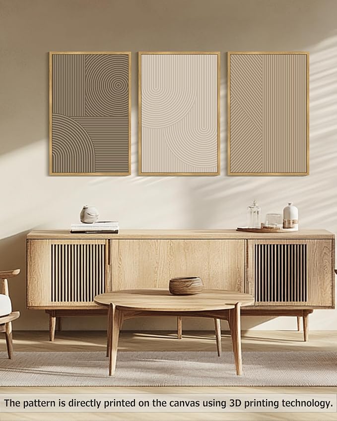 PHOPAGO Boho Mid-Century Modern Framed Wall Art Large 24x36in Minimalist Abstract Neutral Line Wall Decor Bohemain Geometric Artwork Bedroom Dining Room - Natural Framed