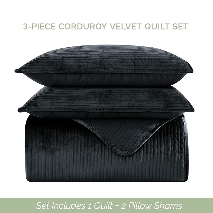 Elegant Comfort Luxury 3-Piece Velvet Corduroy Stripe Quilt Set, Ultra Soft Bedspread - Cozy Velvet Coverlet Set - 3PC Medium Weight Quilted Set with Matching Pillow Shams, Full, Black