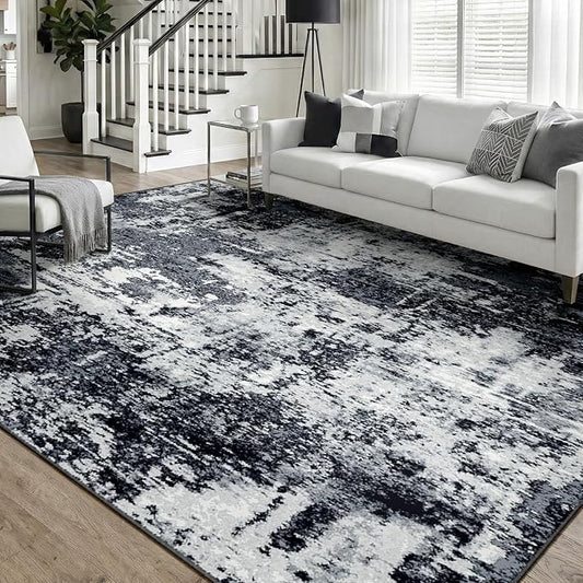 RELEANY Washable Area Rugs 6'x9' Non-Slip Modern Abstract Soft for Living Room Entryway Bedroom Nursery, Print Pattern, Black Navy Blue Gray