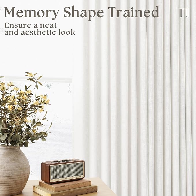 TWODRAPES Beige White Pinch Pleated Linen Curtains 2 Panels for Living Room Bedroom Memory Training Shaped Semi Sheer Pleat Drapes with Hooks Rings Light Filtering Window Curtain 40x54