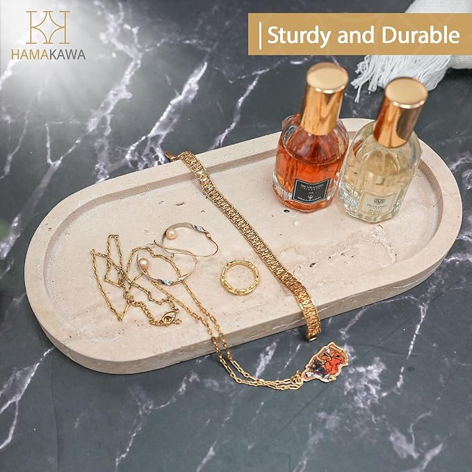Turkish Natural Marble Vanity Tray, Oval Bathroom Tray 10 inch, Beige Travertine Perfume Trays, Vanity Organizer for Soap, Kitchen, Home Decor