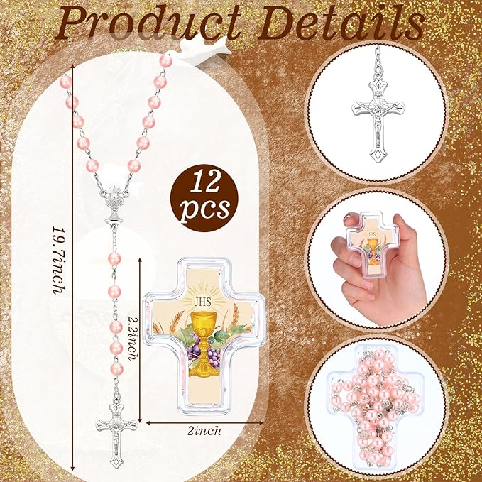 Cunno 12 Set First Holy Communion Bead Rosary Cross Necklace for Baptism First Communion Gifts Scented with Cross Shape Box for Guest Catholic Religious Rosary Baptism Party Primera Comunión (Pink)