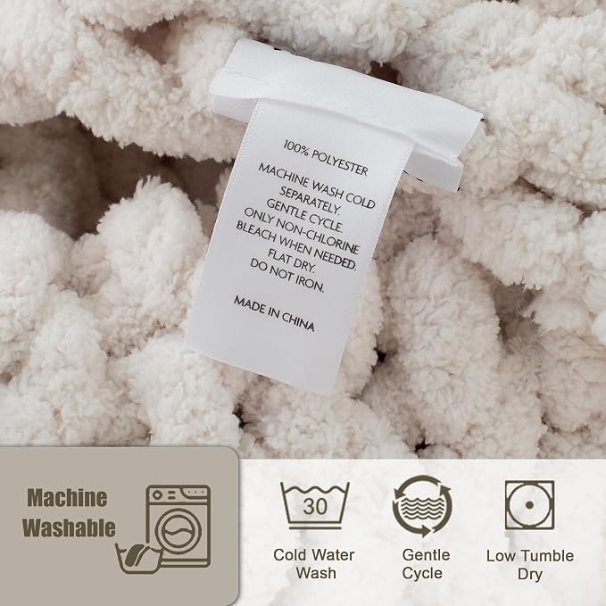 Chunky Knit Throw Blanket 60x80, 100% Handmade Chenille Yarn | 6.7lbs Soft Thick Cable Knitted Blankets, Large Rope Knot Crochet Throws for Couch Sofa Bed Machine Washable, Cream White