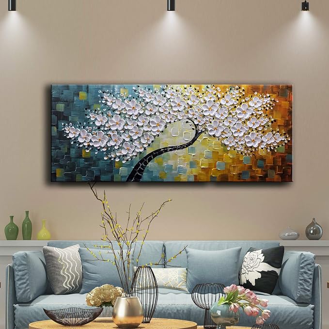 YaSheng Art - Large Canvas Wall Art ,100% Hand Painted Floral Wall Art Oil Painting , 3D Texture White Flower Artwork Paintings, Modern Home Bedroom Living Room Wall Decor ,Abstract Art Painting, Framed Wall Art Pictures 30x60inch
