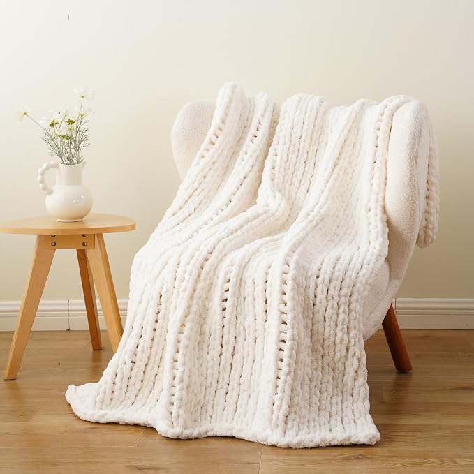 Battilo Cream Chunky Knit Throw Blanket, Soft and Thick White Chenille Throw Blanket, 50"x60" Handmade Cable Knit Crochet Blanket, Knot Knitted Throw Blankets for Couch Home Decor, Cream