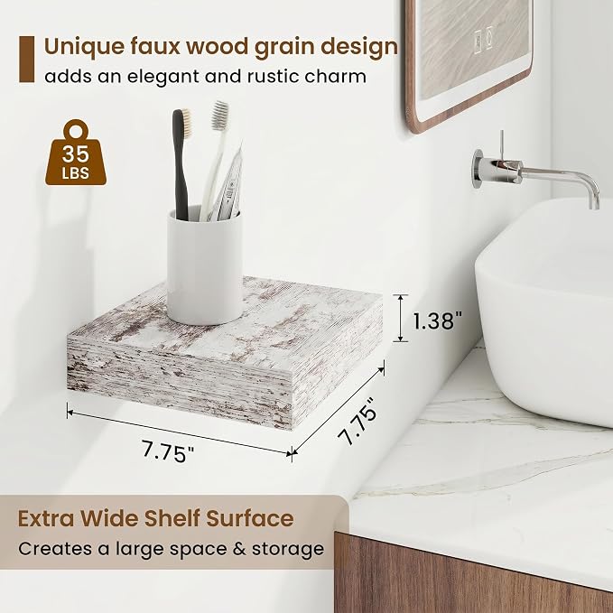 Square Floating Shelves for Wall, 8" W x 8" D x 1.25" H, 3 Pack Small Wall Mounted Engineered Wood Shelves with Invisible Brackets for Living Room, Bedroom, Bathroom, Kitchen Decor,Vintage White
