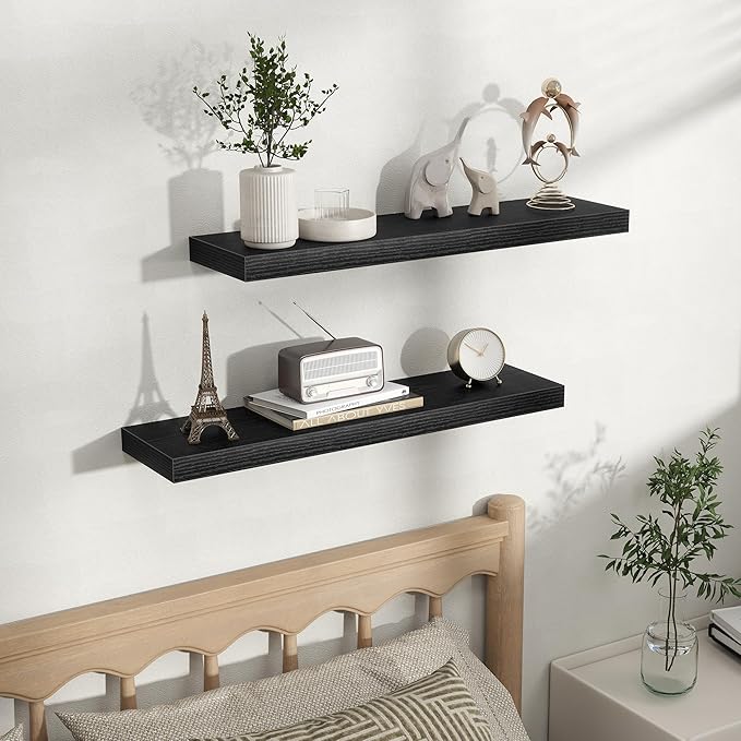 Fun Memories Floating Shelves for Wall, Rustic Wood Wall Mounted Shelves for Bathroom, Bedroom, Living Room & Kitchen, Storage Display Shelves, (Set of 2, Black, 30 in)