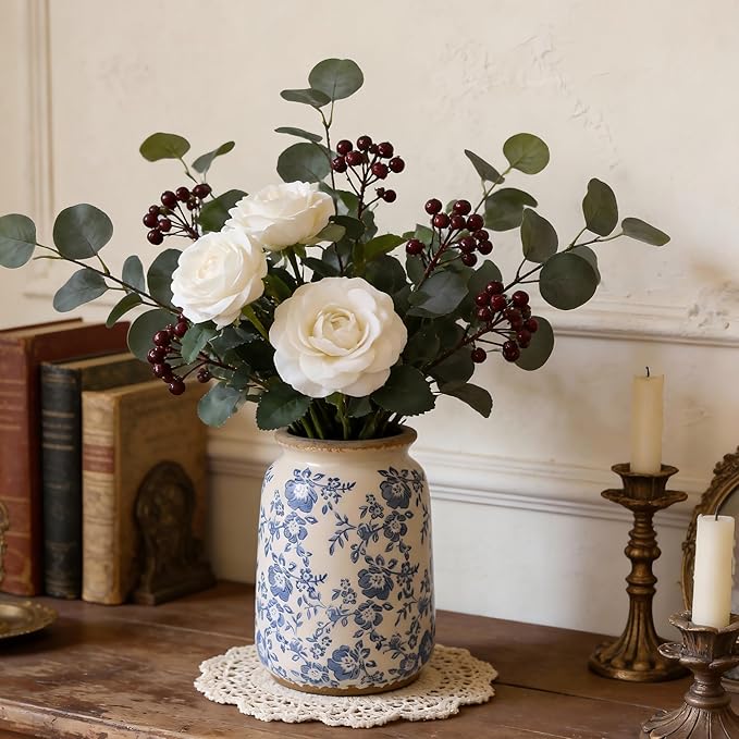 Ronasip Vintage Blue and White Chinoiserie Ceramic Vase, 6.9” Hand-Painted Peony Floral Design, Antique Style Vases for Home Decor, Centerpieces, Living Room, Balcony (Blue and White)