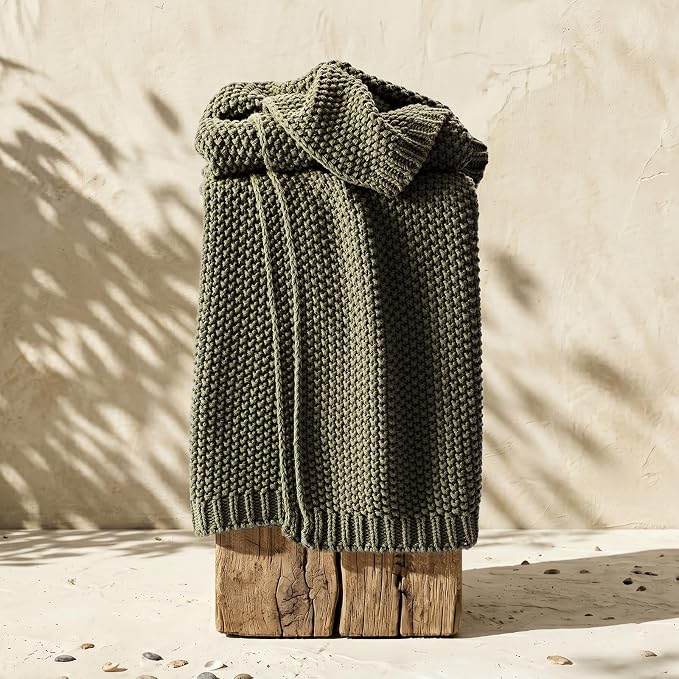 EverGrace Organic Cotton Chunky Knit Throw Blanket, 50 x 60 Olive Green | OCS Certified Organic Cotton, Seed Stitch Knit, Soft & Breathable, Cozy Midweight, Decorative Throw for Couch, Bed & Sofa