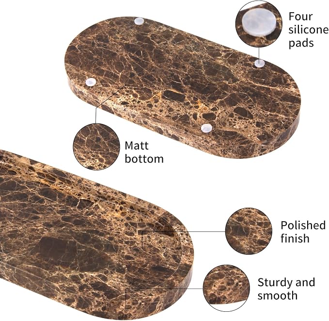 Oval Marble Bathroom Vanity Tray, Natural Luxury Marble Home Kitchen Bathroom Table Tray, Stone Decorative Countertop Tray for Coffee Perfume Jewelry (Dark Brown, 10" x 5" x 0.6")