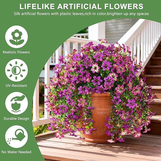 INQCMY Artificial Flowers for Outdoor Faux Hanging Plants Spring Outside Decoration,2Bundles Fake Silk Flowers Realistic Outdoor Flowers No Fade UV Resistant Porch Patio Window Yard Balcony Decor