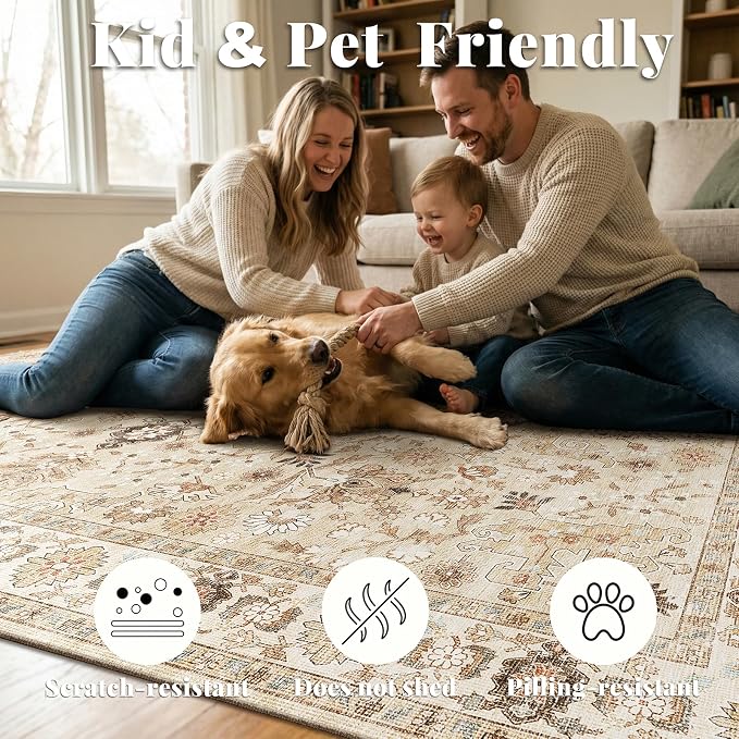 Washable Rugs for Living Room: 5x7 Area Rugs for Bedroom Ultra Soft Non-Slip Stain Resistant Vintage Boho Large Carpet for High-Traffic Dining Room - Farmhouse Decor