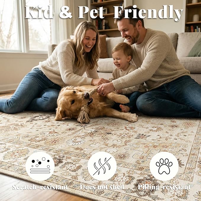 Washable Rugs for Living Room: 9x12 Area Rugs for Bedroom Ultra Soft Non-Slip Stain Resistant Vintage Boho Large Carpet for High-Traffic Dining Room - Farmhouse Decor