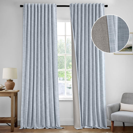 MIULEE Light Blue 100% Blackout Linen Curtains 84 Inch 2 Panels Set Double Sided No Coating Pleated Back Tab Black Out Long Thermal Insulated Pinch Pleat Bedroom Living Room Darkening Window Drapes