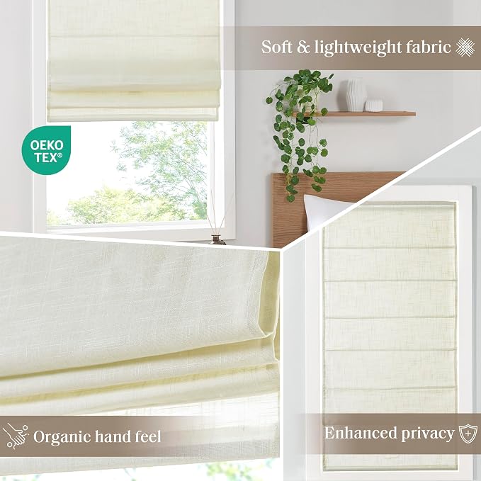 Madison Park Kyler Cordless Roman Shades - Single Panel, Lightweight Linen Blend Fabric, Natural Design, Easy Installation, Light Filtering Window Blind, Bedroom, Living Room Decor 35"W x 64"H Ivory