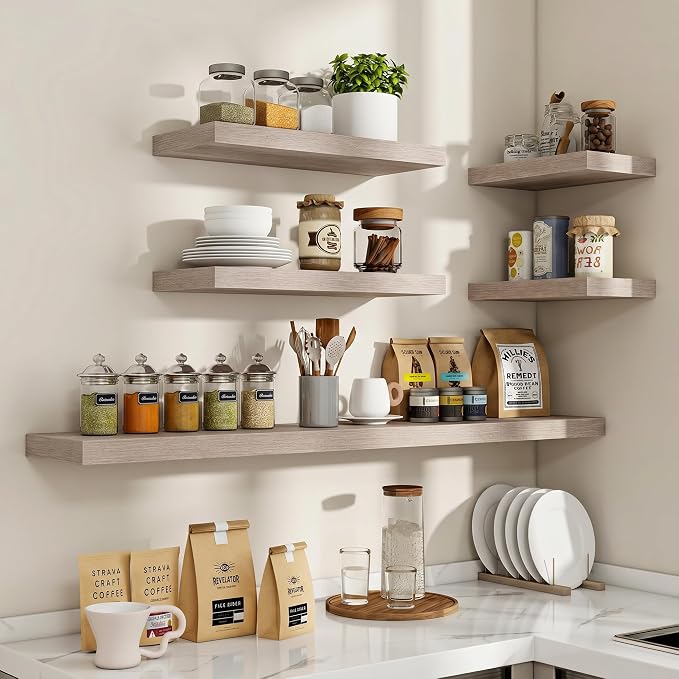 Acovy 36 Inch Floating Shelves, 3D Textured Wood Grain, 36"x9.25"x1.5" Inch Deep Floating Shelves for Wall, Wooden Shelves for Bathroom, Bedroom, Living Room, Washed White, 2 Pieces