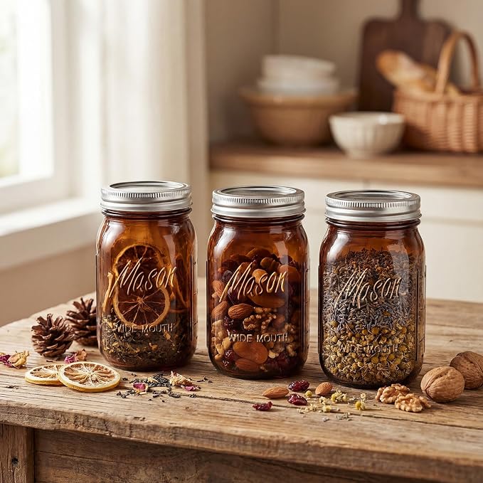 Rubtlamp Amber Mason jar 32 oz, 12 Pack Glass Jars - Wide Mouth Mason Jars with Airtight Lids for Pickling, Fermenting, Food Storage&DIY Crafts, Microwave & Dishwasher Safe