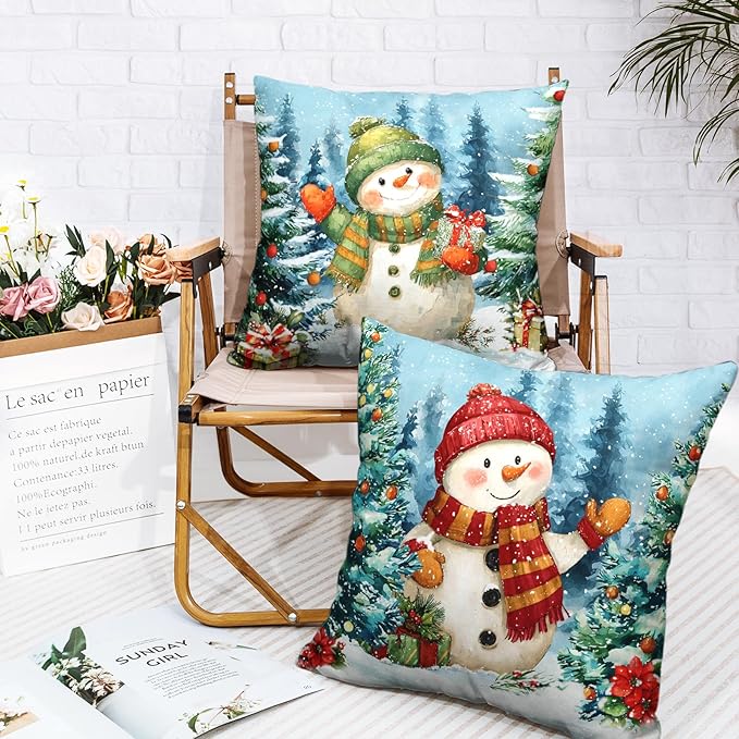 Lovely Green and Red Snowman Pillow Covers Christmas Throw Pillow Covers 24x24 Set of 2 Winter Xmas Tree Pine Forest Pillowcase Holiday Cushion Case for Couch Sofa