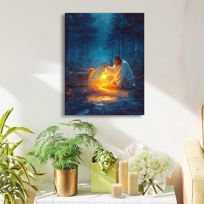 Christian Wall Art Decor - Serenity Prayer & Jesus with Lost Lamb Picture, Baptism Gifts for Boys & Girls, Inspirational Home Decor for Women & Men, Perfect for Prayer Rooms & Christmas Decor A-373