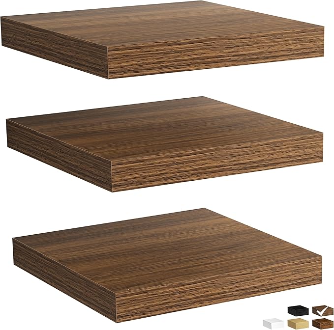 Fun Memories Rustic Wood Floating Shelves for Wall, Space-Saving Wall Mounted Shelves for Bathroom, Bedroom, Living Room and Kitchen, Stylish Storage & Display (Set of 3, Walnut, 12 in)
