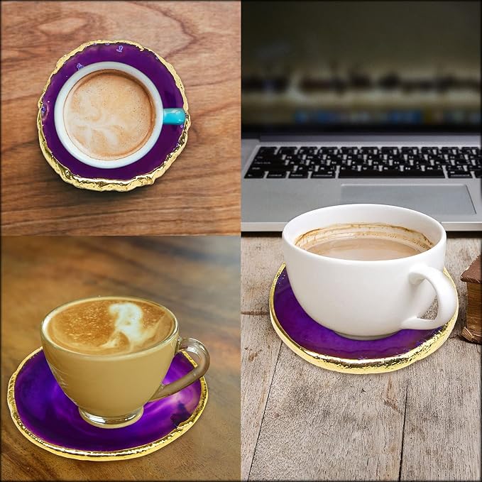 Luxiv Agate Coasters Set of 4 Crystal Drink Coasters with Gift Box (Purple) | Set Of 4 Natural Purple Agate Coasters, 3-4 Inch Crystal Stone With Gold Edge, Gift Box Included For Home Drink And Decor
