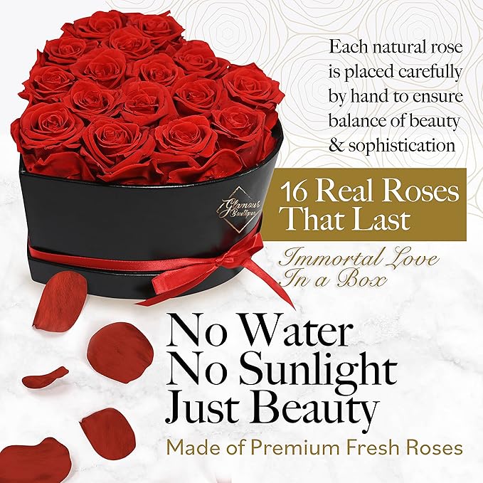 GLAMOUR BOUTIQUE 16 Flower Forever Heart Shape Box, Eternal Preserved Roses Gift for Her, Lasting Flowers, Romantic Floral Keepsake for Birthday, Anniversary or Valentine’s Day, Red (Color-Treated)