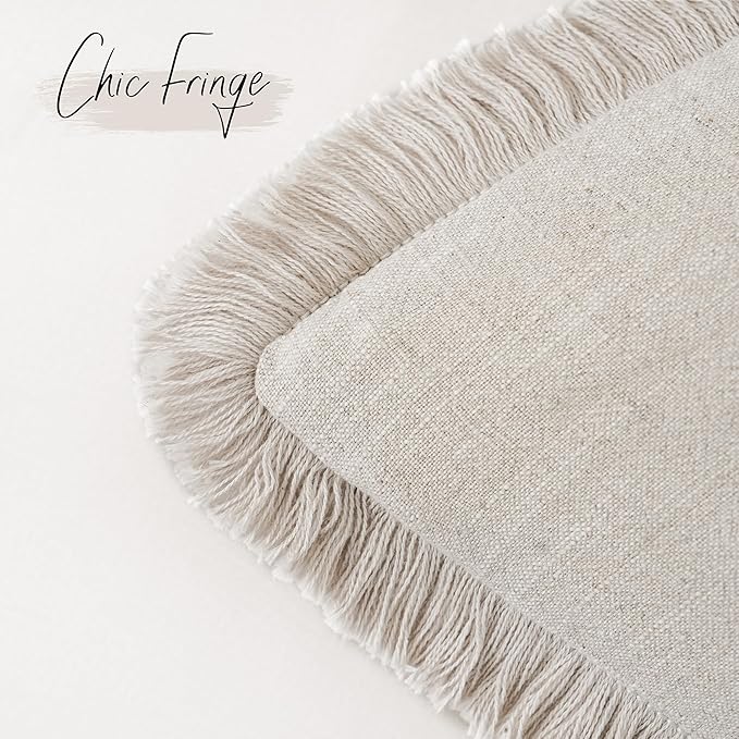 Foindtower Set of 2 Decorative Linen Fringe Throw Pillow Covers Cozy Boho Farmhouse Cushion Cover with Tassels Soft Accent Pillowcase for Couch Sofa Bed Living Room Home Decor, 16×16 Inch, Beige