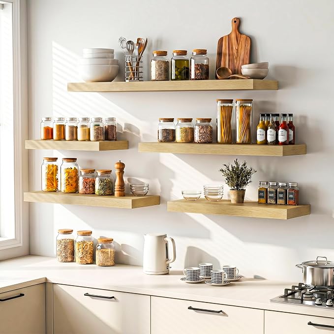 Heimlove 24 inch Floating Shelves for Wall,9.3 inch deep Bathroom Over Toilet Shelf,Wall Mounted Rustic Wood Shelves for,Bedroom,Living Room,Kitchen,Office Decor Set of 2-Oak Color