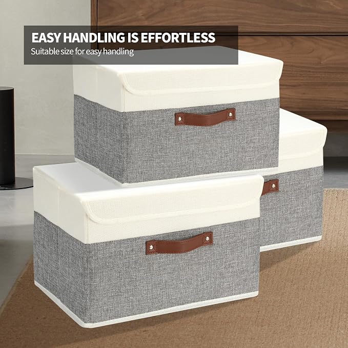 SAMORADREA 8 Pack Storage Bins Foldable Storage Boxes Fabric Storage Box with Lid & Handle Large Washable Organizer Bulk for Office, Home, Books, Clothes, Bedroom, Closet, (15INx10INx10IN White/Grey)