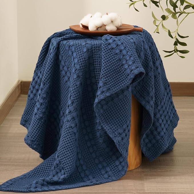 PHF 100% Cotton Waffle Throw Blanket for Couch, Lightweight Breathable and Soft for Summer, Luxury Aesthetic Waffle Weave Blanket for Home Decor & Office, Gifts for Women, 50"x60", Bright Navy