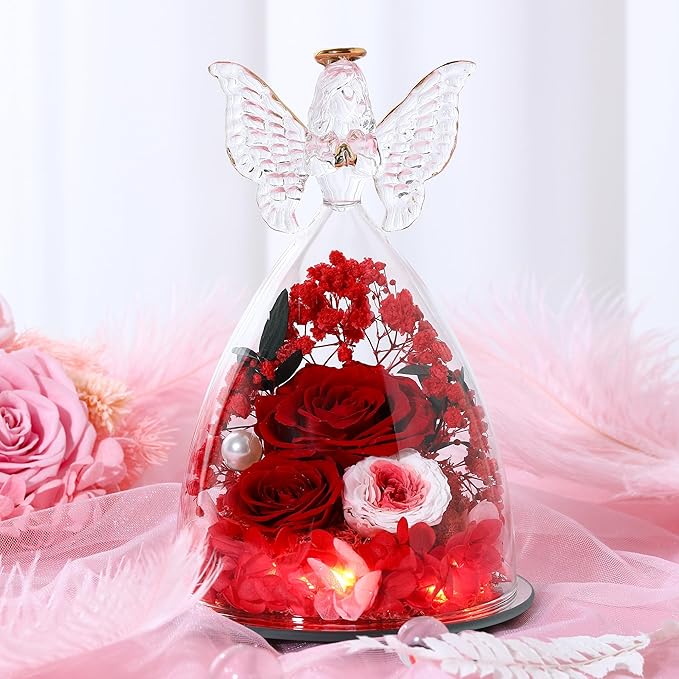 Mothers Day Rose Gifts for Women Preserved Real Flower in Glass Angel Figurines Roses for Delivery Prime Birthday Gifts for Mom Grandma Girlfriend Wife Her,Red Pink Austin Roses