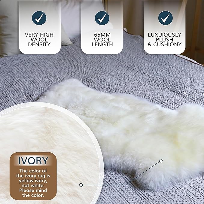 WaySoft New Zealand Sheepskin Area Rug – Genuine Fluffy Wool, Multiple Sizes, Bedroom or Living Room Decor(2ft x 6ft,Grey Beige)