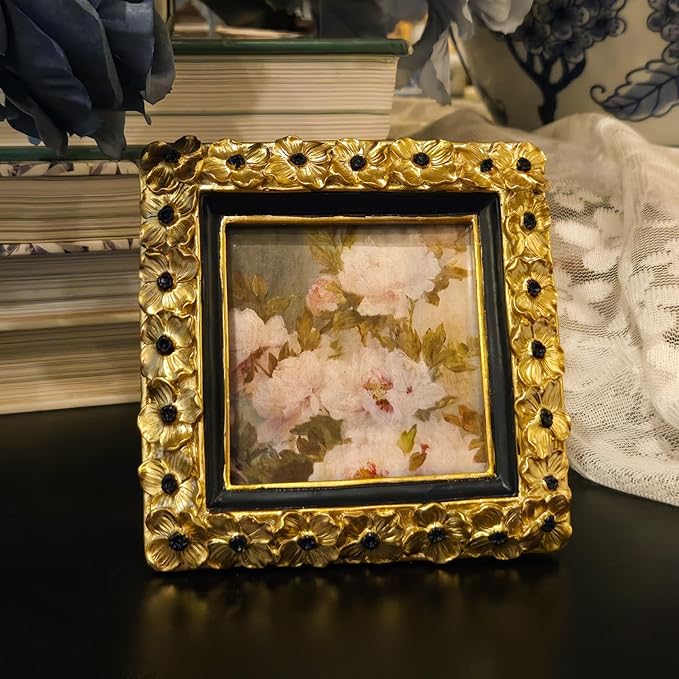 SYLVIA'S SHOP 3x3 Small Vintage Picture Frame, Mini Antique Gold Ornate Square Photo Frame, for Tabletop and Wall Display, Decorative Floral Design Retro Home Decor, Photo Gallery Art