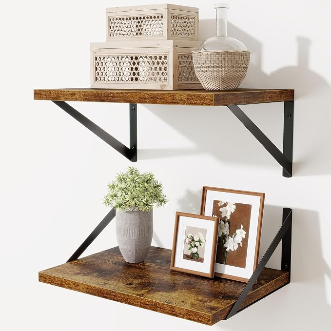 Deep Floating Shelves,16"Wx10"D Floating Shelves for Wall Set of 2,Heavy Duty Wood Floating Shelf with Metal Bracket,Wall Mounted Hanging Shelf for Living Room Bedroom Bathroom Kitchen,Rustic Brown