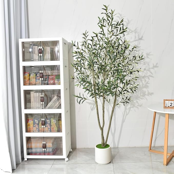 Timoo Faux Olive Tree 7FT Tall Olive Trees Artificial Indoor with White Tall Planter, Artificial Plants Indoor Faux Tree with Realistic Leaves and Fruits, Fake Plant for Home Office Decor